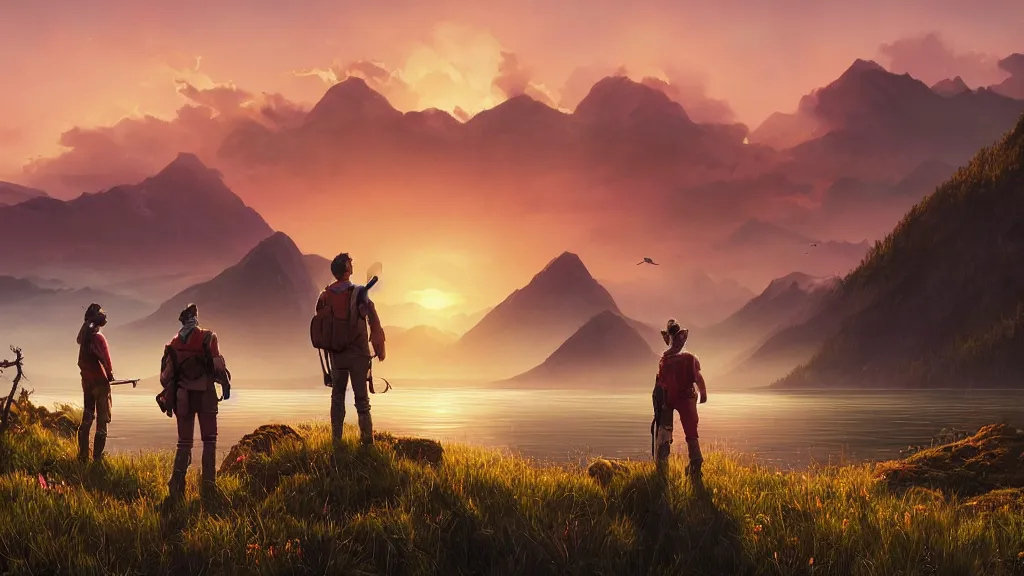 Prompt: beautiful render of a landscape, unreal engine, majestic mountains, lake, lush grass, orange and pink clouds, vibrant sunrise, hunters standing with their backs turned, by greg rutkowski, cgsociety