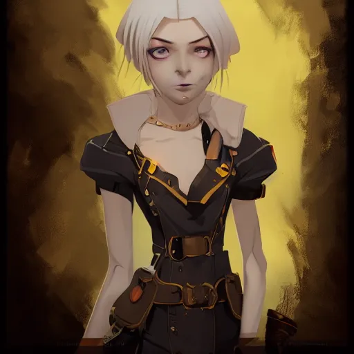 Prompt: a girl with dark skin with yellow eyes and short white hair, wearing steampunk attire, highly detailed, digital painting, artstation, matte, by makoto shinkai, animation style