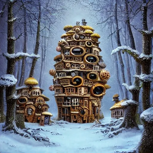 Image similar to a steampunk village built like a bie hive in a snowy forest , by Naoto Hattori,