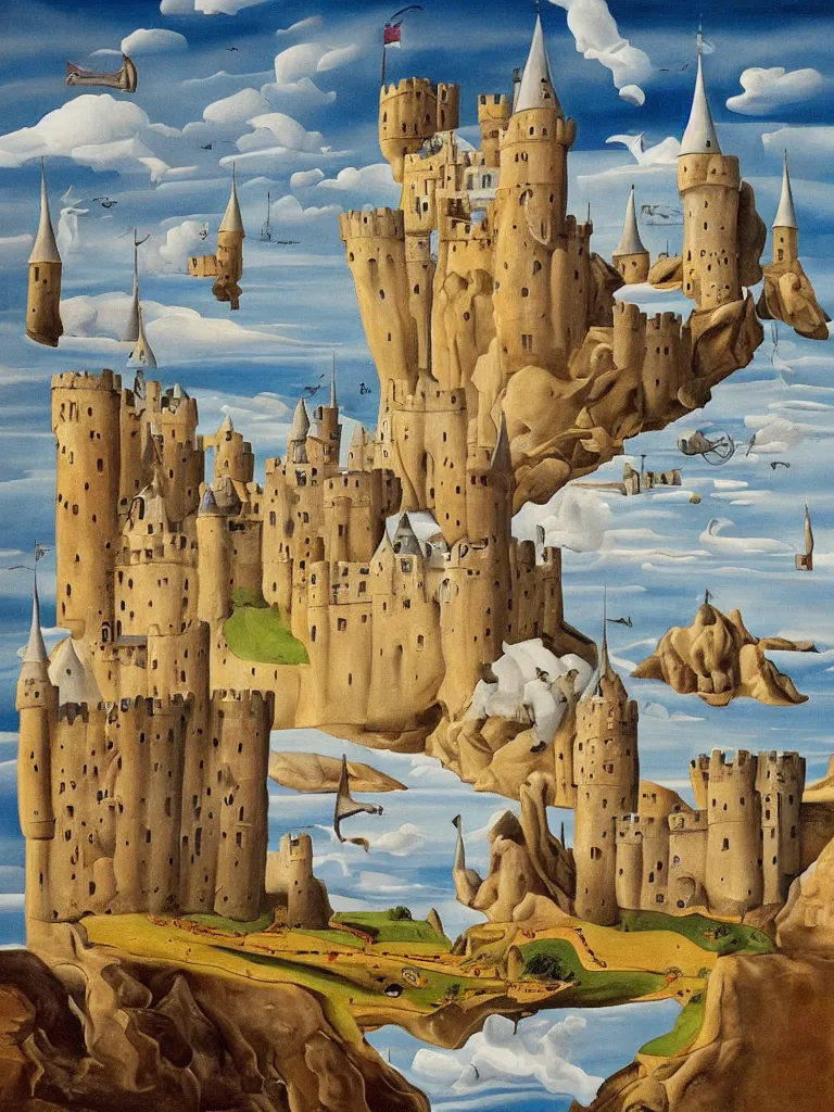 Image similar to a painting of a medieval castle alone on a flat empty plane painted in the style of Salvador Dali, surrealism