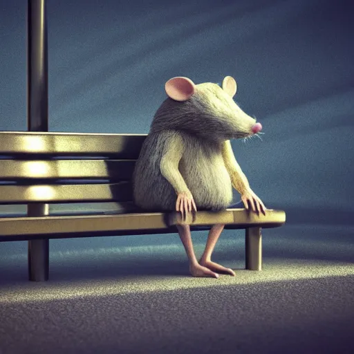 Image similar to a sad anthropomorphic rat, octane render, 3 d, sad, lonely, moody lighting, wearing gold jewellery, wearing a fur coat, in the rain, at night, sitting on a park bench