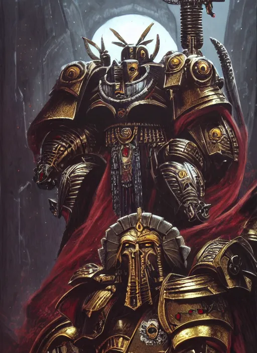 Image similar to wide shot of the emperor of mankind and horus, intricate, warhammer, warhammer 4 0 k, highly detailed, digital painting, concept art, sharp focus, illustration, muted colors, grim dark, moody, gloomy, art by john blanche, by pedro nunez, by jaime martinez, by nacho molina