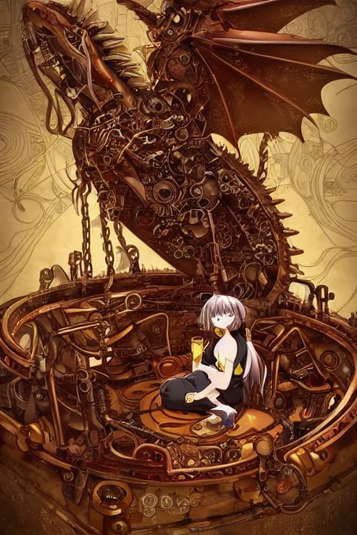 Prompt: anime style illustration, old sick gold and crimsoned scaled asian dragon on a steam punk couch with wires and gears and steam punk apparatus, artstation, matte painting, style of studio ghibli, featured in artstation and artgerm and pixiv, award winning, cinematic, elegant, intricate, 8 k