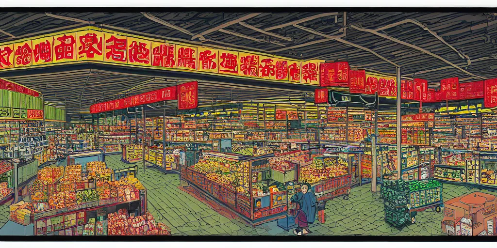 Image similar to a supermarket in hong kong, by dan mumford and peter doig and edward hopper, symmetrical, minimal, black ink, thick lines highly detailed, muted colours, overlaid with chinese adverts, 8 k