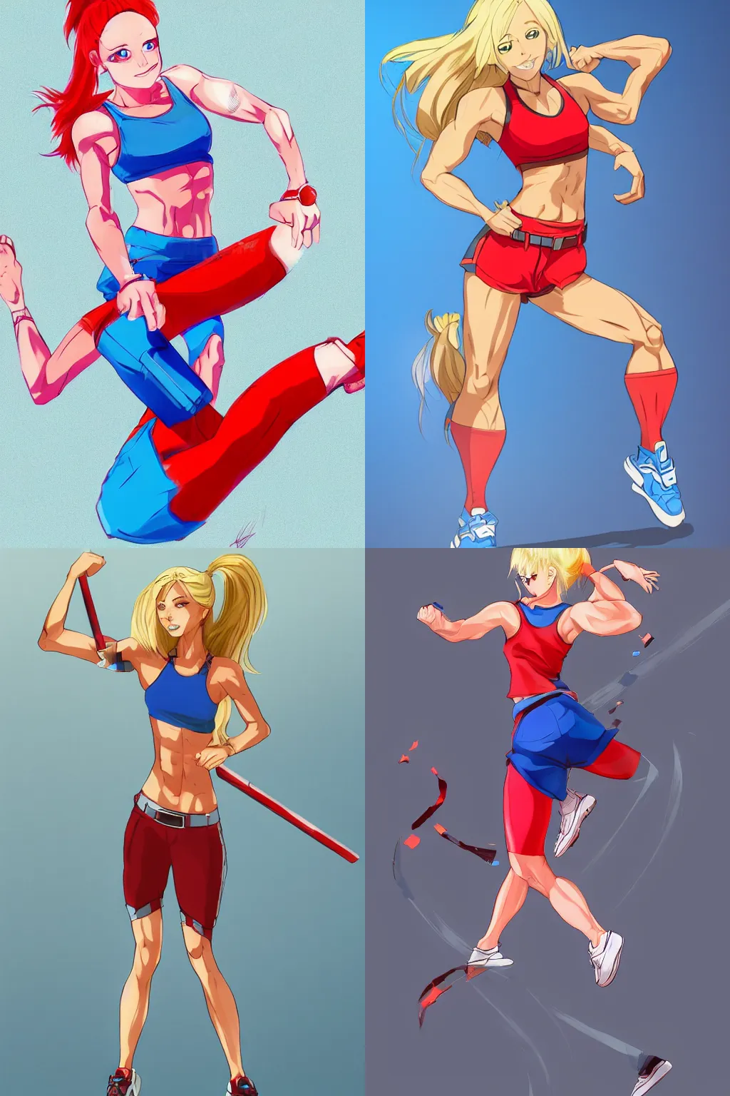 Prompt: An athletic young woman with blonde ponytails, a determined and enthusiastic expression, wearing a red tank top and voluminous blue pants, concept art, full body shot, action pose, trending on pixiv