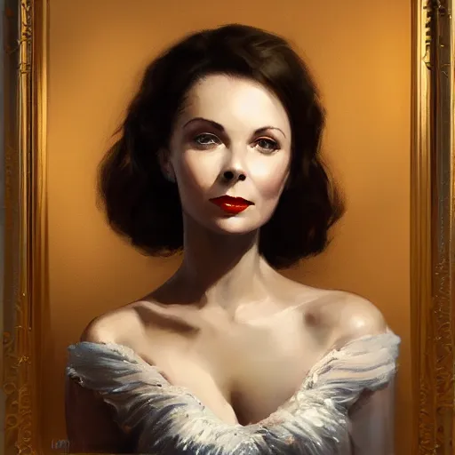 Image similar to closeup portrait of a young vivian leigh, seductive smile, chiaroscuro, city background, golden hour, dramatic lighting, warm cold contrast, high detail, painted by greg rutkowski, painted by igor kieryluk, trending on artstation