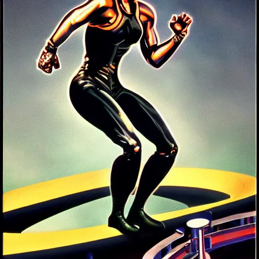 Prompt: Trinity the matrix, Female sprinter in athletic attire with cyborg legs, metal body, diesel punk, athletic footage, 1980's, olympics, cinematic, art deco