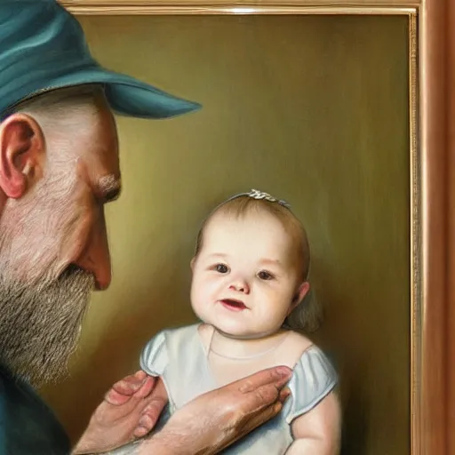 Prompt: painting of beard grandpa taking a photo to a baby girl, laszlo moholy