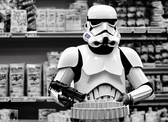 Prompt: film still of a storm trooper holding a cup of coffee in a convenience store working as a clerk in a convenience store checking out a storm trooper in the new Star Wars movie, 4k, black and white