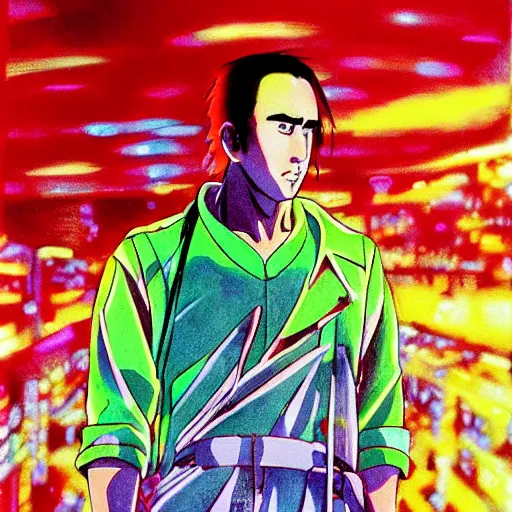 Image similar to beautiful amazing anime portrait painting of nicholas cage in tokyo. neon lights. by hayao miyazaki, katsuhiro otomo, akira toriyama, satoshi kon, eiichiro oda, hideaki anno