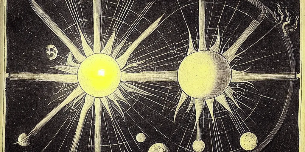 Image similar to a giant sun sings a unique canto about'as above so below'to the the moon, while being ignited by the spirit of haeckel and robert fludd, breakthrough is iminent, glory be to the magic within, in honor of saturn, painted by ronny khalil