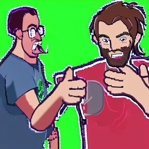 Image similar to vinesauce joel pointing at vinesauce vinny saying bogan burger, meme, realistic, hdr, clear image,