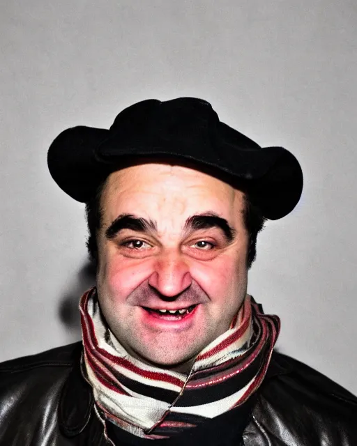 Image similar to headshot of a crazed smiling, mouth ode open, john belushi, he is wearing a leather bomber cap on his head, he is also wearing an a 2 flight jacket, a long white wool scarf is wrapped around his neck, he has a 5 o'clock shadow