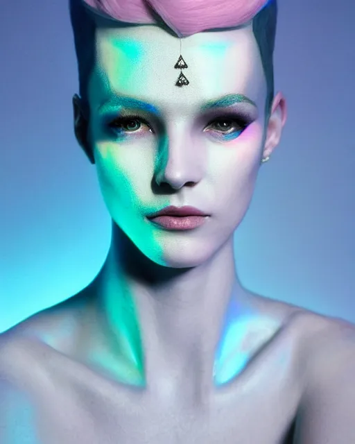 Prompt: natural light, soft focus portrait of an androgynous android with soft synthetic pink skin, blue bioluminescent plastics, smooth shiny metal, elaborate diamond ornate head piece, piercings, face tattoo, skin textures, by annie liebovotz, paul lehr,