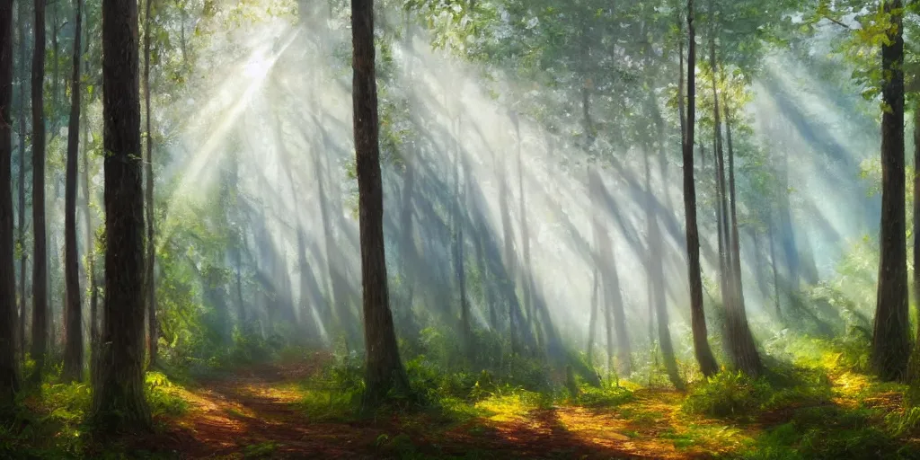 Prompt: An oil painting of an intensely beautiful forest in the morning with straight vertical trees; rays of light coming through the canopy; trending on artstation; extraordinary masterpiece!!!!!!; 8k; haunting beauty