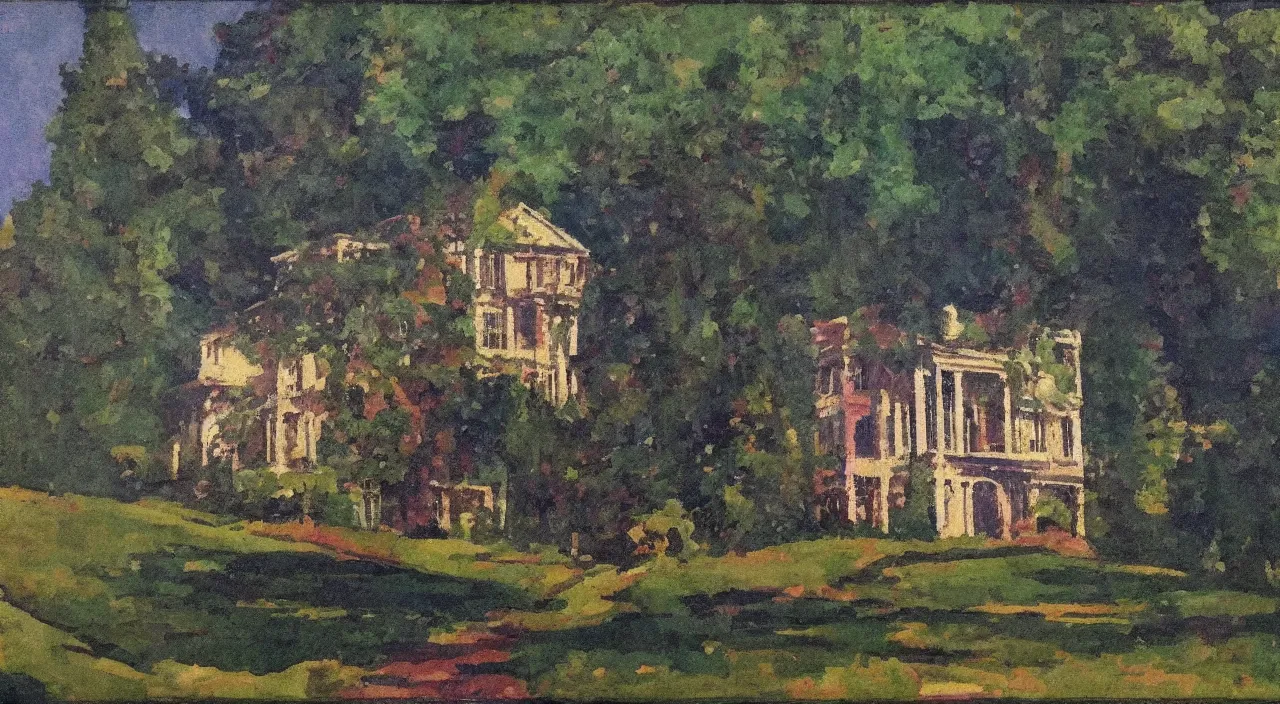 Image similar to the mansion in the woods, in the style of gifford beal,