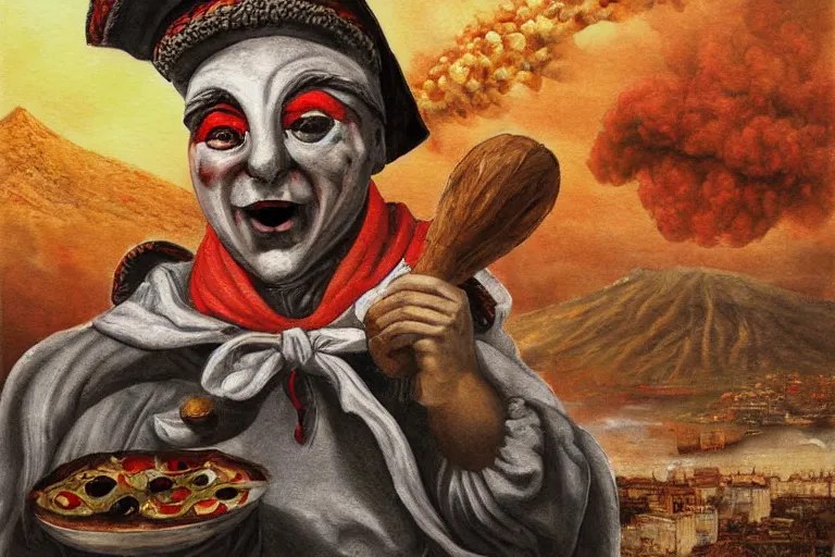 Prompt: a highly detailed pulcinella!!! from naples with pizza in foreground, volcano in the background with smoke, blazing fire and glowing lava, full body, wide angle, an ultrafine detailed painting by rivorio mok, post - apocalyptic vibe, trending on deviantart, whimsical, lowbrow, perfect symmetrical face, sharp focus, octane, masterpiece