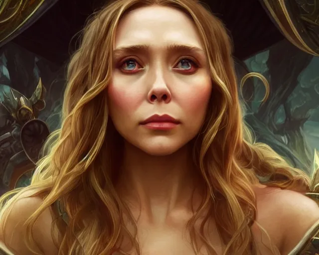 Image similar to a gaming screenshot still portrait of elizabeth olsen in final fantasy, deep focus, d & d, fantasy, intricate, elegant, highly detailed, digital painting, artstation, concept art, matte, sharp focus, illustration, dark fantasy style art, hearthstone, art by artgerm and greg rutkowski and alphonse mucha