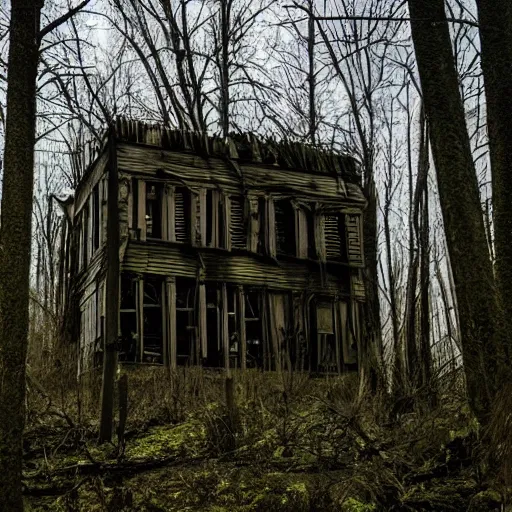 Image similar to twisted creepy building with in a dark forest at midnight