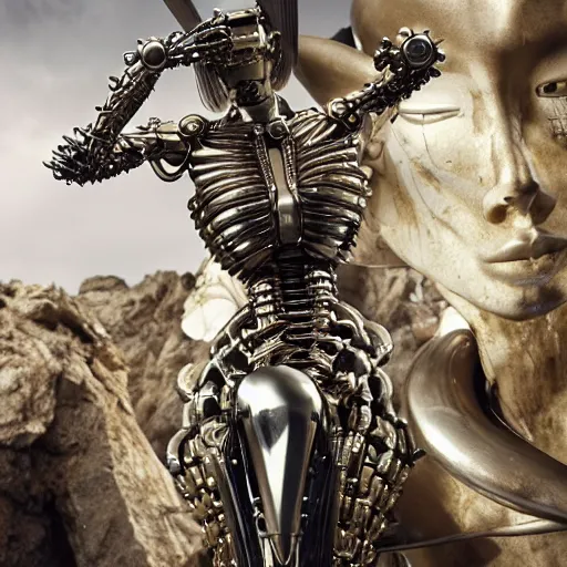 Image similar to still frame from Prometheus movie by Makoto Aida, biomechanical vespa angel gynoid, metal couture by neri oxmn and Guo pei, editorial by Malczewski and by Caravaggio