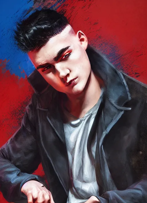 Image similar to An epic fantasy comic book style portrait painting of a young man with black undercut haircut, wearing black overcoat, red clothes, blue jeans. Unreal 5, DAZ, hyperrealistic, octane render, cosplay, RPG portrait, dynamic lighting