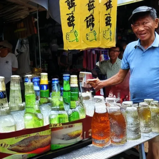 Prompt: an old male hawker at a stall in Singapore selling fishbeer