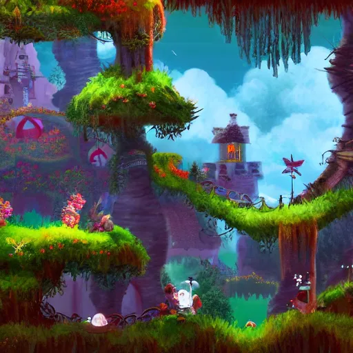 Prompt: A fantastical village inhabited by fairies, side-scrolling 2d platformer game level, swirling clouds, fantasy magical vegetation, dramatic dusk sun illuminates areas, volumetric light , detailed, rich color, upscale , 8k