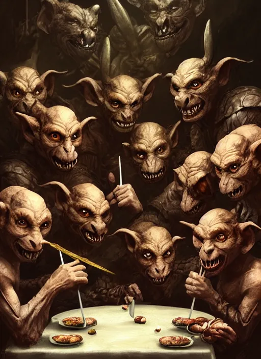 Image similar to profile group face portrait of medieval goblins having a banquet in the cloisters, beautiful face, hyper realistic, highly detailed, digital painting, artstation, illustration, concept art by hyung tae, bosch, giger, frank frazetta, digital paint, matte paint, washed colors, dark, gloomy