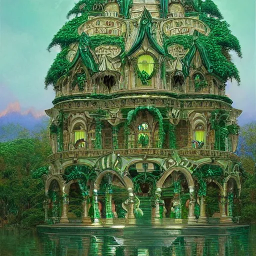 Image similar to a detailed oil painting by michael whelan and donato giancola of an intricate, ornate palace made of green, polished semiprecious malachite marble and jade, hyper detailed, hd, artstation, beautiful sunrise lighting, surrounded by trees