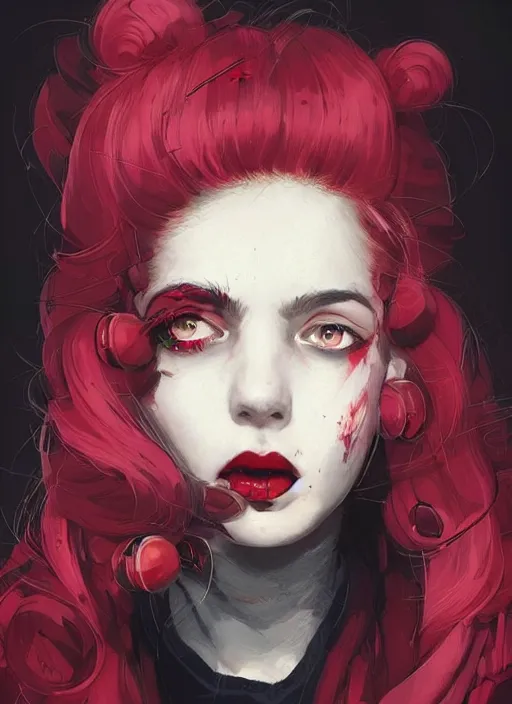 Prompt: highly detailed portrait of a girl with scarlet lips and bloody red eyes, tartan hoody, ringlet hair, short white hair by atey ghailan, by greg rutkowski, by greg tocchini, by james gilleard, by joe fenton, by kaethe butcher, gradient pink, black, red, cream and white color scheme, trending in pinterest, award winning details