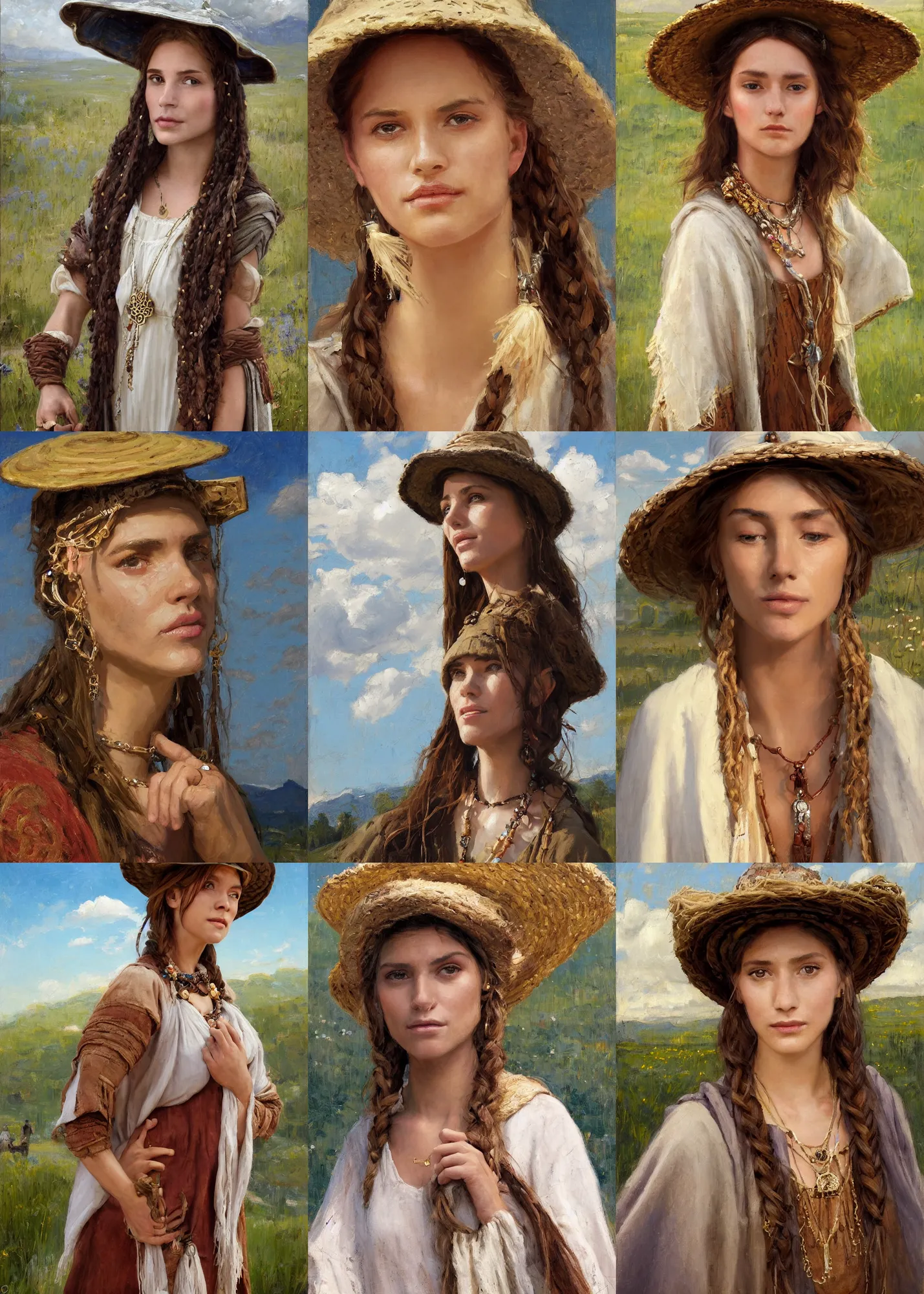 Prompt: portrait of medieval farmer beautiful young girl with wooden jewelry, mediterranean features, wearing rich jewerly hat and white boho poncho, fantasy character close up portrait, decollete, lying dynamic pose, Low poly, sunny day, thunder clouds in the sky, artwork by Jeremy Lipkin and Giuseppe Dangelico Pino and Michael Garmash and rob rey, levitation, industrial rusty pipes, simple form, brutal shapes