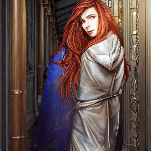 Prompt: maiden with copper hair, in blue and silver rustic wedding robes with metallic inlays, walking down a marble stairwell, realistic, mysterious lighting, muted colors, fog, highly detailed, digital painting, Artstation trending, illustration, artist style by deviantart artists skfuu and skunkyfly and nixeu, anime realism