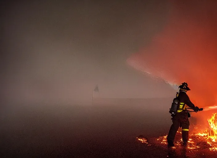 Image similar to stunning award winning photograph of a firefighter spraying water on a burning tree on a foggy night