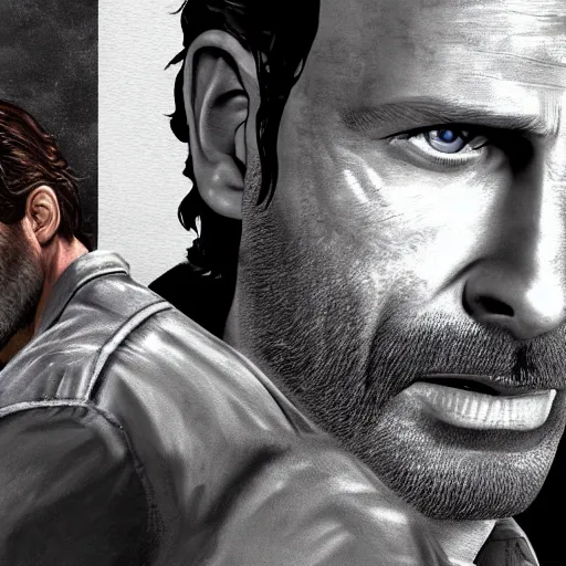 Prompt: rick grimes in resident evil, artstation hall of fame gallery, editors choice, #1 digital painting of all time, most beautiful image ever created, emotionally evocative, greatest art ever made, lifetime achievement magnum opus masterpiece, the most amazing breathtaking image with the deepest message ever painted, a thing of beauty beyond imagination or words