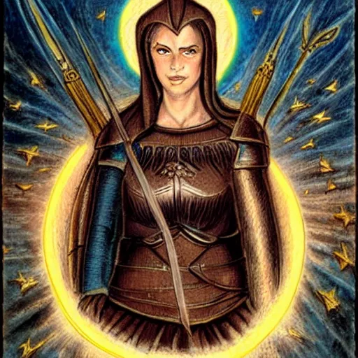 Image similar to jeanne d'arc in the style of william blake, terese nielsen, steve argyle