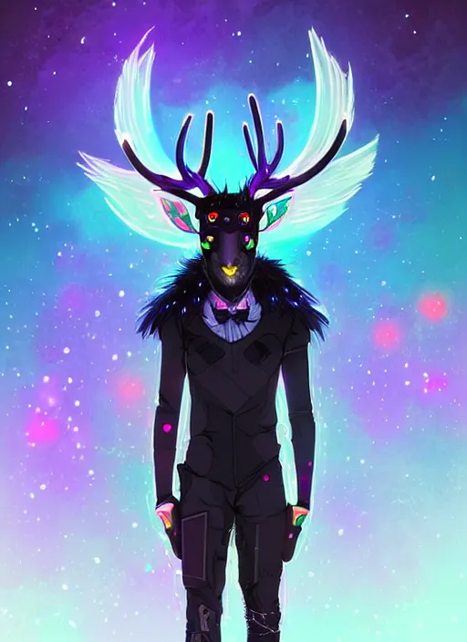 Image similar to award winning beautiful portrait commission of a male furry anthro Black Reindeer cyberpunk fursona with a tail, wings, wings, wings and a cute beautiful attractive detailed furry face wearing a crown, stylish black and rainbow galaxy clothes, outline, in a cyberpunk city at night while it rains. Character design by charlie bowater, ross tran, artgerm, and makoto shinkai, detailed, inked, western comic book art