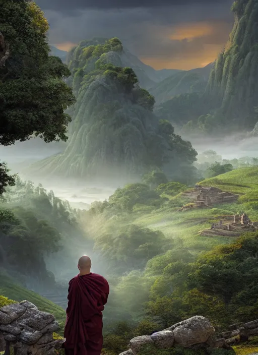 Image similar to a cosmic monk in lord of the rings scenery landscape, looking out at a vast lush valley at sunrise, huge ancient chinese temple in the distance, god's rays, highly detailed, vivid color, cinematic lighting, perfect composition, 8 k, gustave dore, derek zabrocki, greg rutkowski, belsinski, octane render