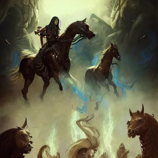 Prompt: four horsemen of the apocalypse, digital art, by Fernanda Suarez and and Edgar Maxence and greg rutkowski