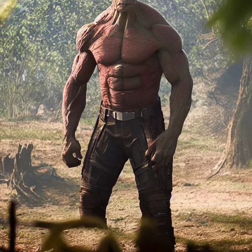 Image similar to first shot of the rock as groot in new guardians of the galaxy, ( eos 5 ds r, iso 1 0 0, f / 8, 1 / 1 2 5, 8 4 mm, postprocessed, crisp face, facial features )