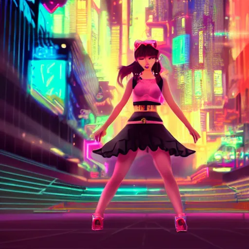 Prompt: a girl like (jinx, Princess peach), dancing, background cyberpunk city, kpop, fullshot, photo, volumetric lighting, epic composition, intricate details, dark neon punk, by KDA