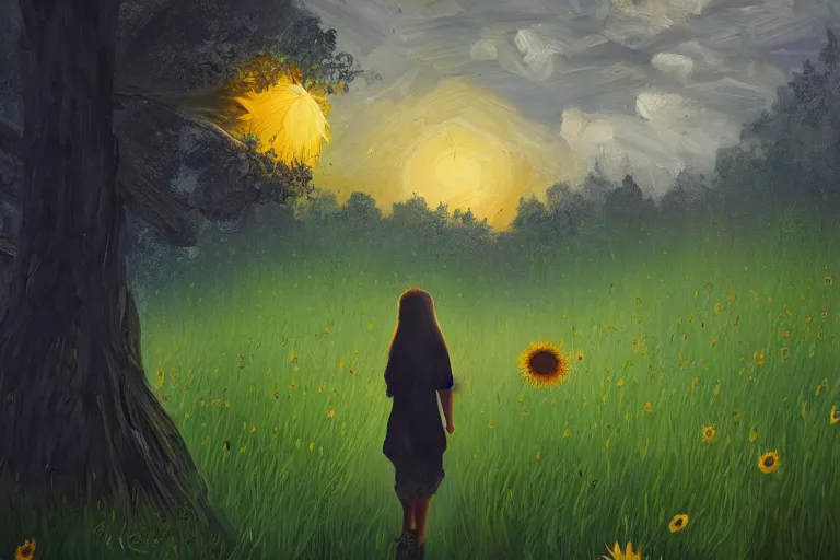 Image similar to giant sunflower as a head, girl walking between trees, hills, surreal photography, dark night, star trails, dramatic light, impressionist painting, clouds, digital painting, artstation, simon stalenhag