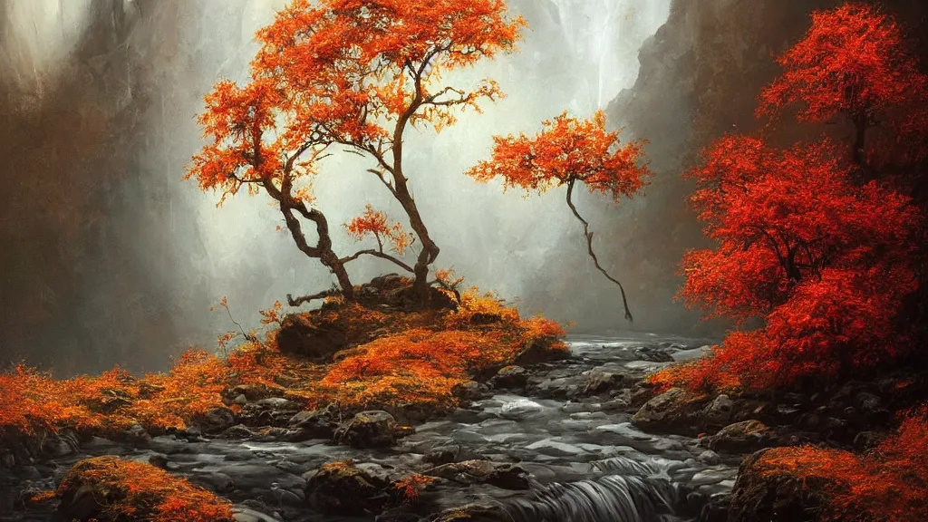 Prompt: A beautiful, highly detailed, very realistic oil painting of a single tree with lots of golden and red leaves, next to a small river made of pure gold in the middle of a huge, very dark cave, with lots of dark grey rocks, oil painting by Greg Rutkowski.