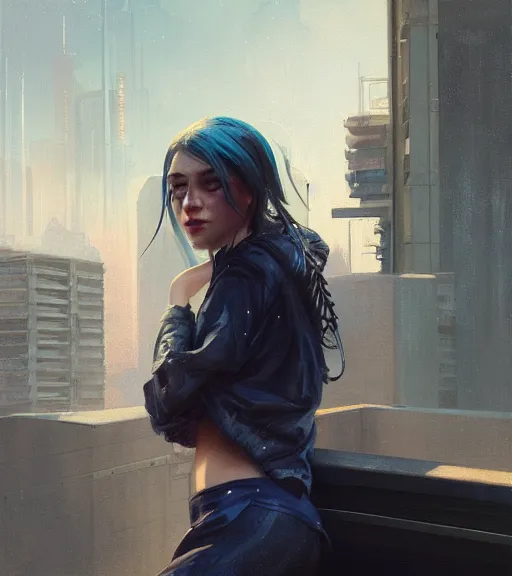 Prompt: girl on a rooftop, cyberpunk, medium shot, realistic detailed face, wearing a shirt, by charlie bowater, by wlop, by jeremy lipking, expressive oil painting, portrait, digital art, photorealistic model shoot, realistic body