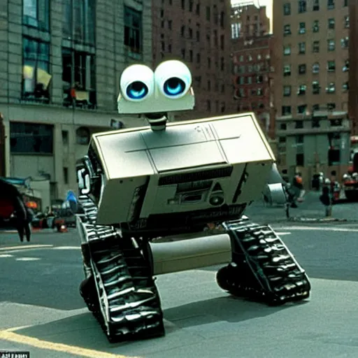 Prompt: taller older Wall-E in New York street, epic 1986 cinematic still