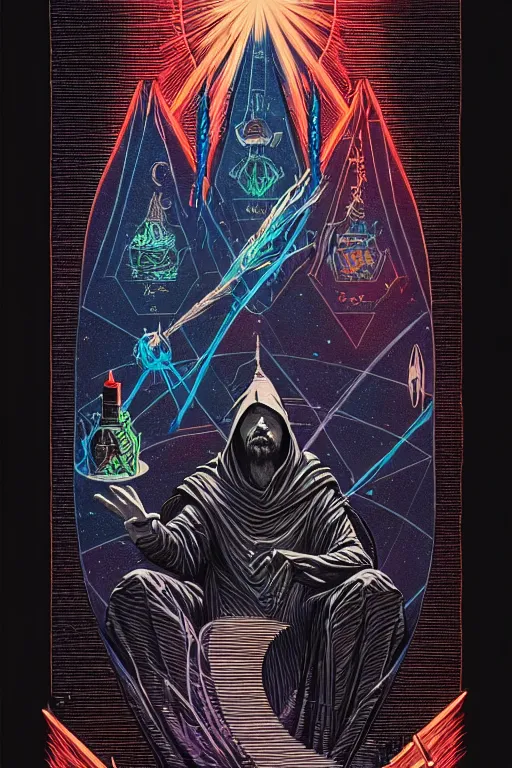 Image similar to cloaked wizard mixing magic potions, high details, intricately detailed, by vincent di fate, inking, 3 color screen print, masterpiece, trending on artstation, sharp, details, hyper - detailed, hd, 4 k, 8 k
