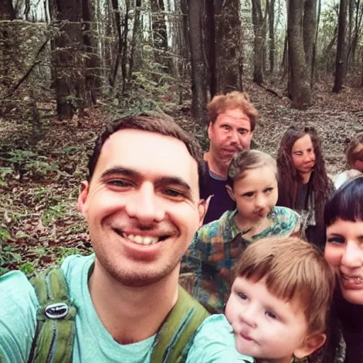 Prompt: a selfie by a neanderthal woman and her family in a forest