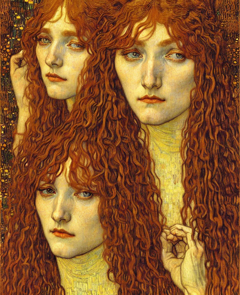 Image similar to detailed realistic beautiful young medieval queen face portrait by jean delville, gustav klimt and vincent van gogh, art nouveau, symbolist, visionary, gothic, pre - raphaelite, muted earthy colors, desaturated