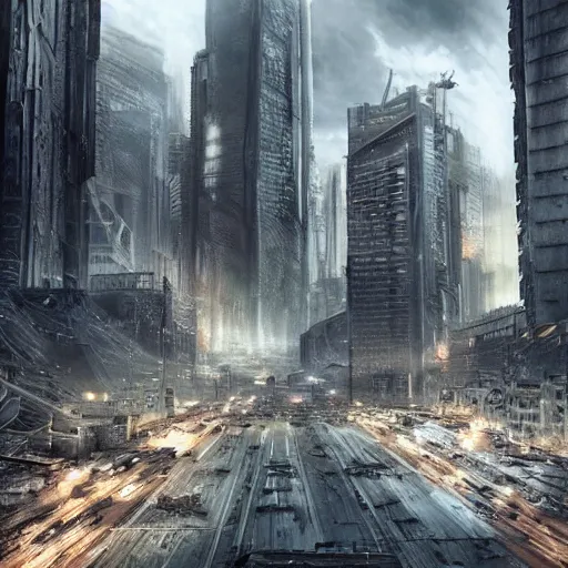 Image similar to dystopian city scape, ultra realistic,