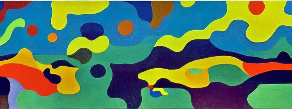 Image similar to Psychedelic sci-fi dreamworld. Landscape painting. Organic. Winding rushing water. Waves. Clouds. Landscape by Alex Katz. Wayne Thiebaud. Paul Klee. David Hockney.