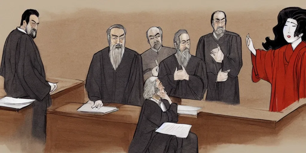 Image similar to Confucius and jury trial, a few suits afar, in the american courtroom sketch by Christine Cornell by Batton Lash by John M. Downs by Leo Hershfield, judge with face of clint eastwood, concept art